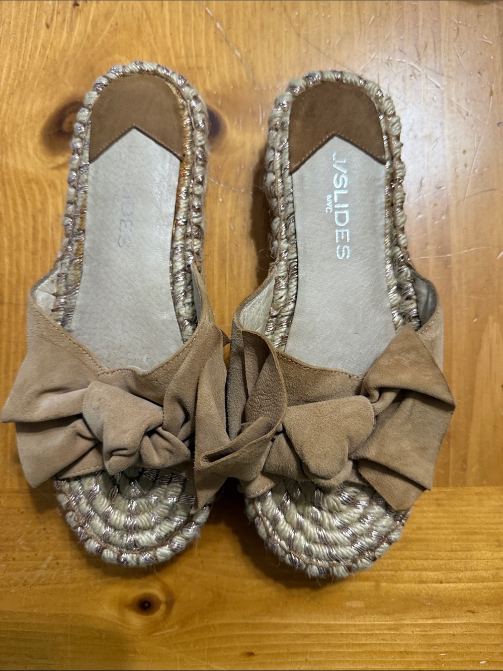 J/SLIDES Tan Suede Bow Espadrille Mule